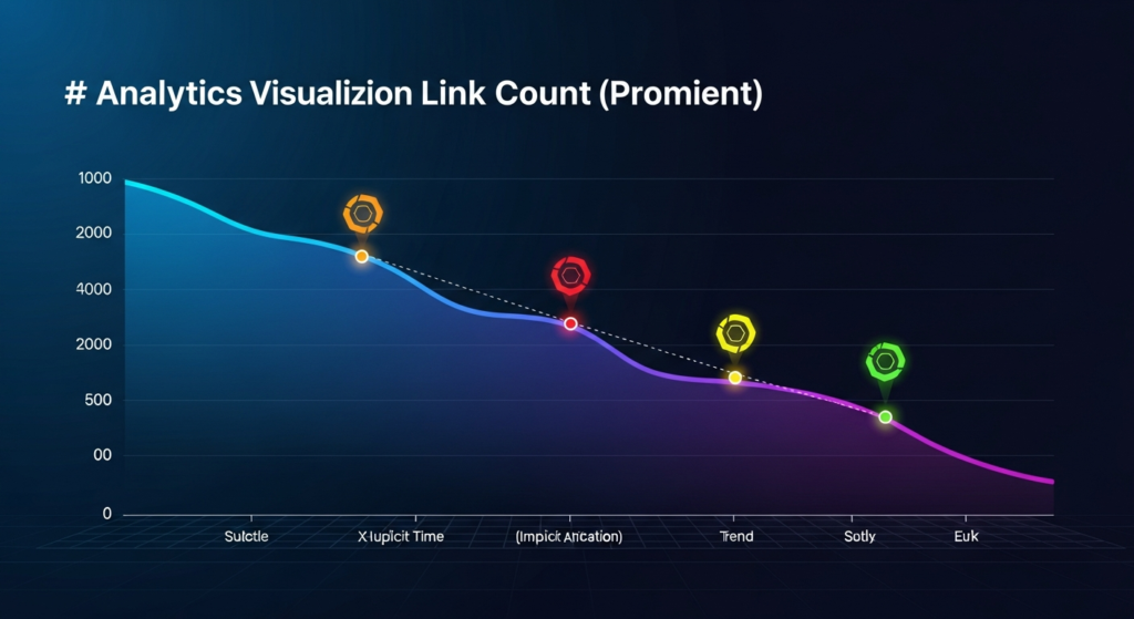 A line graph titled "Analytics Visualization Link Count (Promient)" shows a declining trend from "Subtle" to "Elik" with colored points marking data values along the curve.