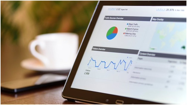 A tablet displays website analytics data, including a pie chart and line graph, on a wooden table beside a smartphone and a white coffee cup.