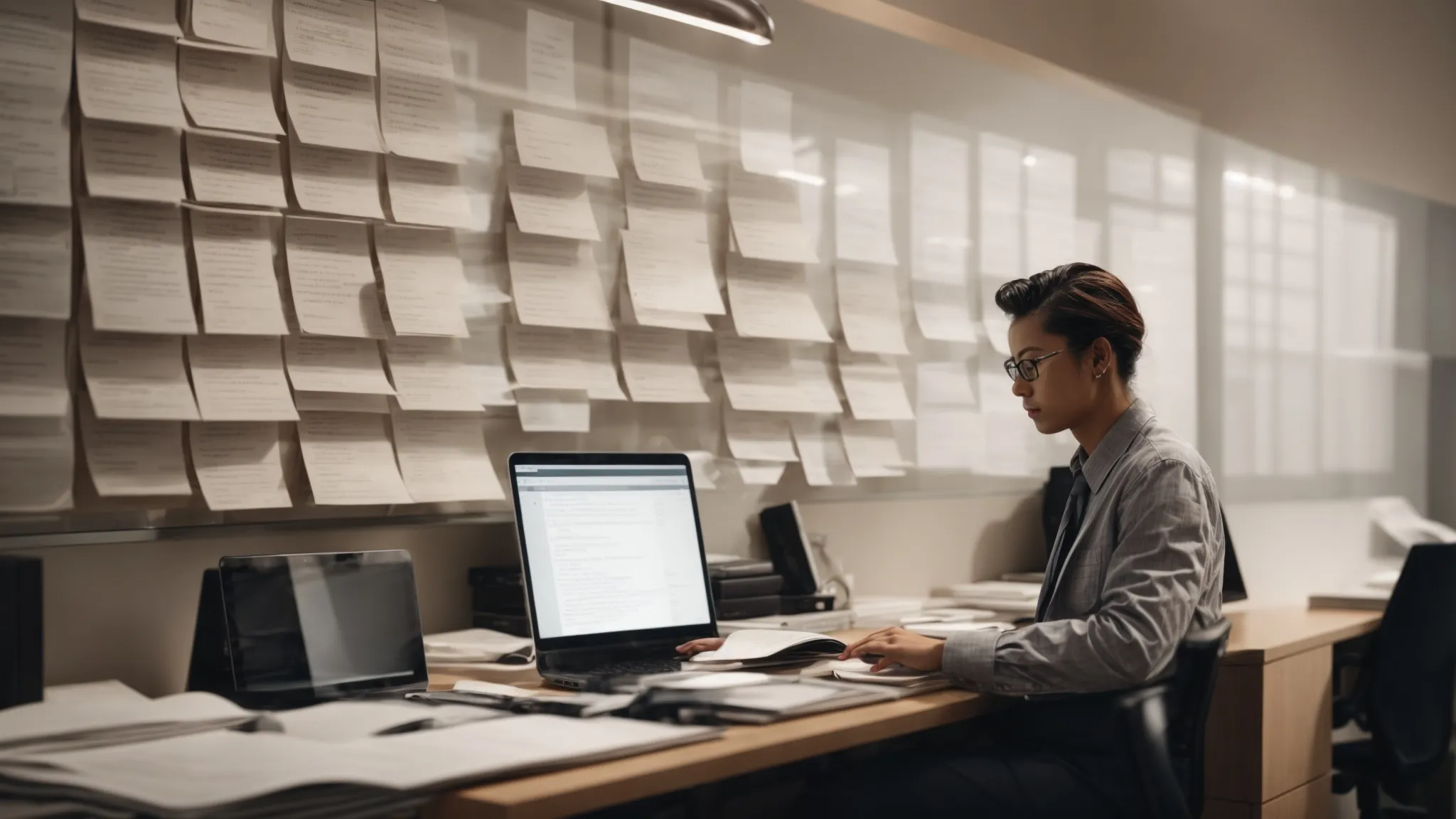 a person browsing through a directory on their computer in a modern office space, surrounded by notes and a coffee cup.