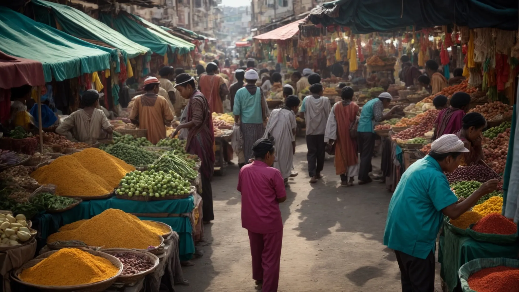 a bustling local market scene with vendors engaging with community members vibrant with colorful stalls.