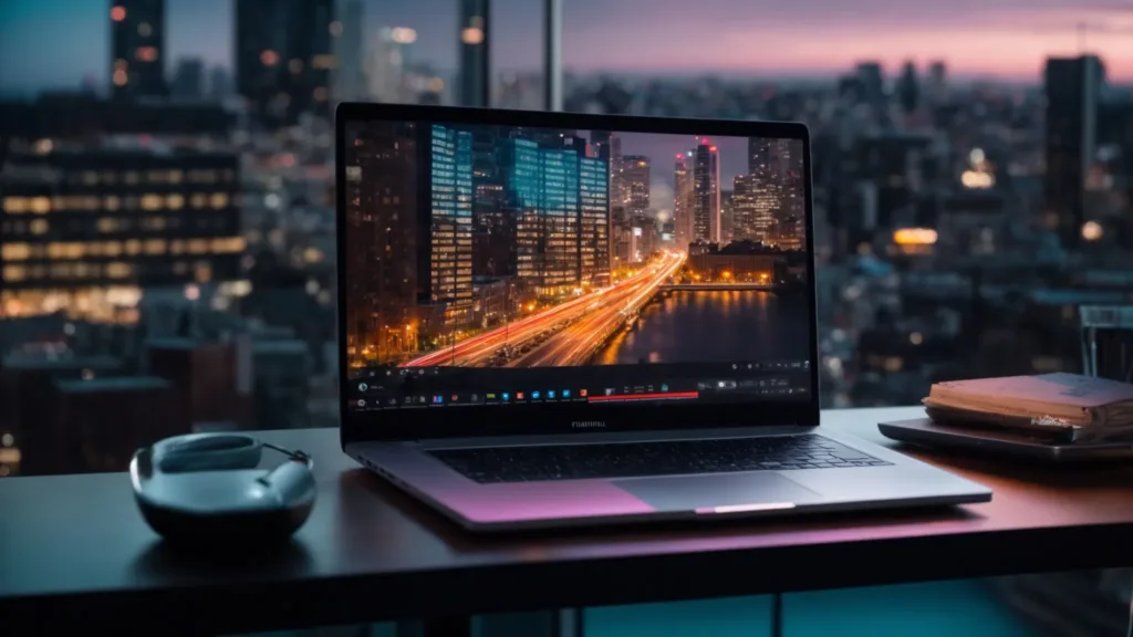 a laptop with a visible search engine on its screen, placed on a sleek, modern desk with a vibrant cityscape in the background.