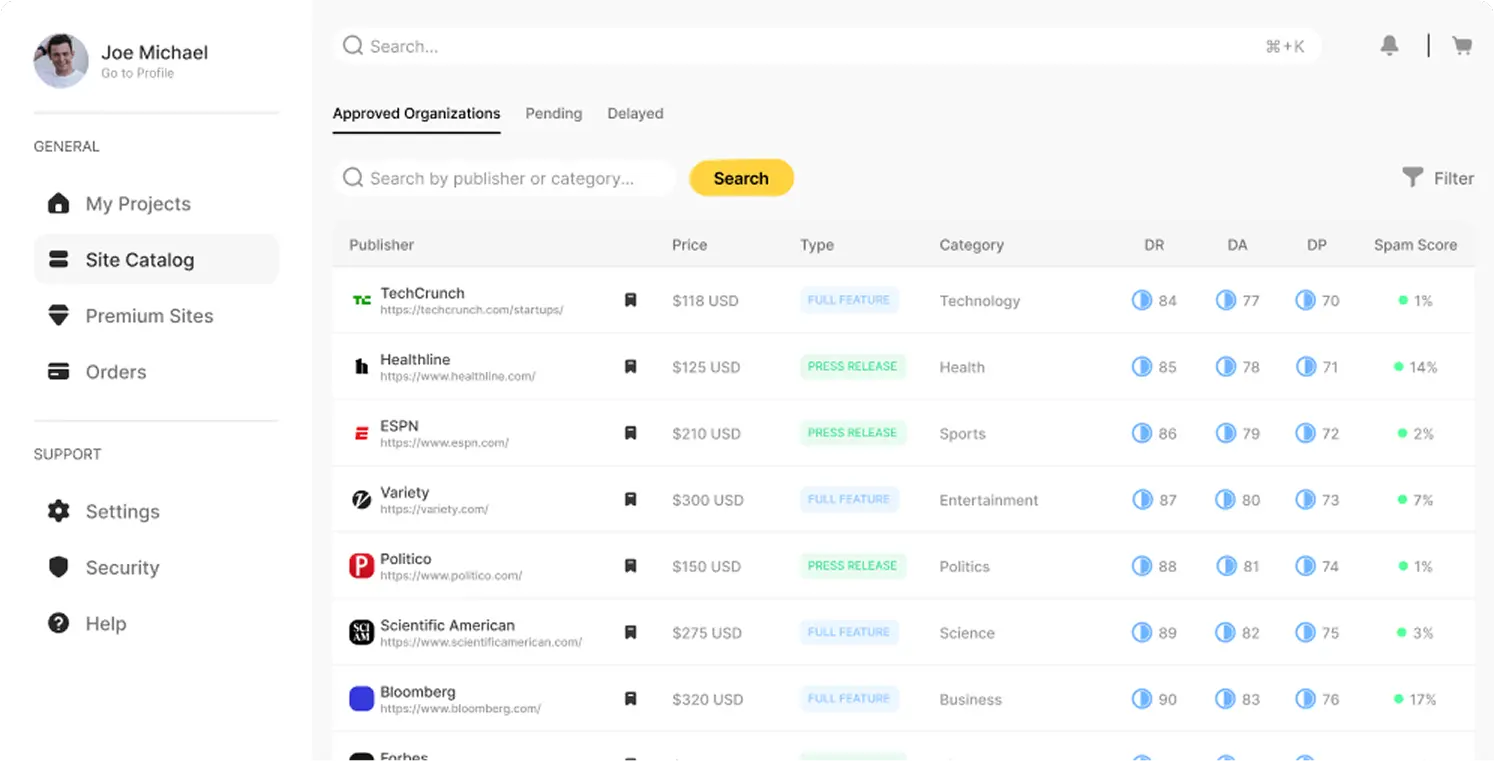 A dashboard shows a list of publishers with details such as name, price, type, category, reach, and domain authority—ideal for managing link building efforts—under the "Approved Organizations" tab.