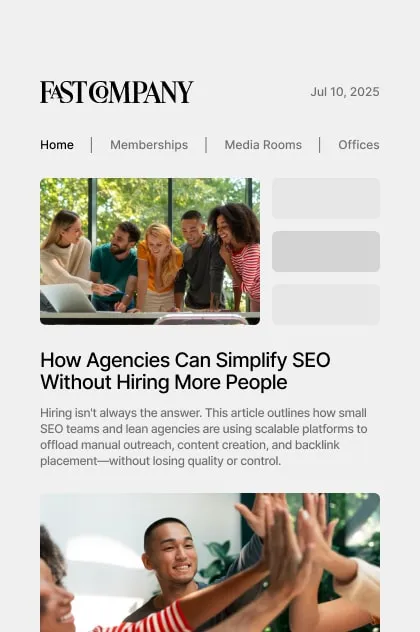 Fast Company article titled "How Agencies Can Simplify SEO Without Hiring More People" with a group of people collaborating and celebrating teamwork