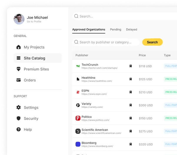 Dashboard interface showing approved organization list with publishers, prices, and content types