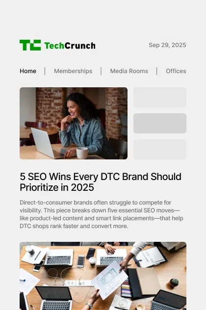 TechCrunch article titled "5 SEO Wins Every DTC Brand Should Prioritize in 2025" with a woman working on a laptop and a team collaborating around a desk
