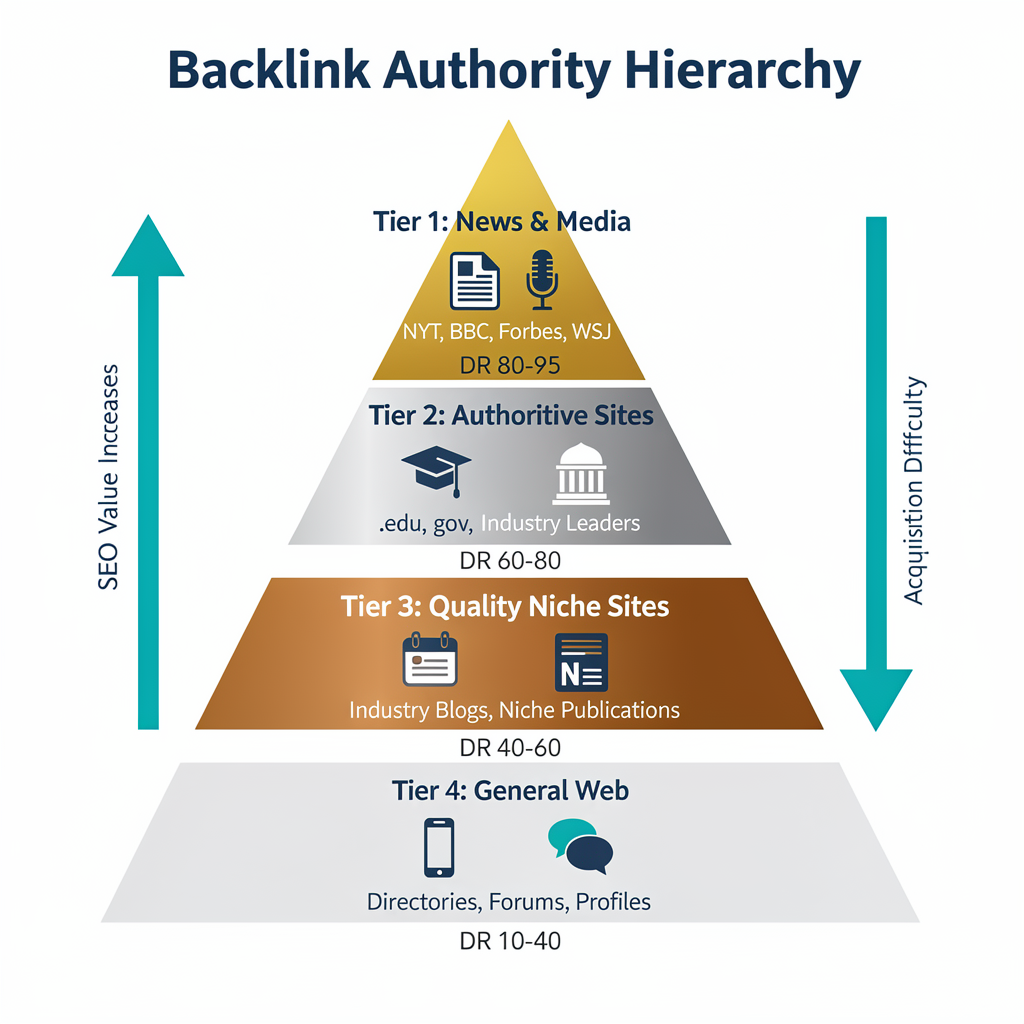 A pyramid diagram titled "Backlink Authority Hierarchy" shows four tiers, from News & Media at the top to General Web at the bottom, indicating increasing SEO value and acquisition difficulty.