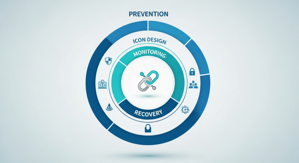 A circular infographic with three main sections: prevention, monitoring, and recovery, featuring security and monitoring icons surrounding a central chain link symbol.
