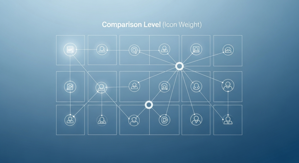 A grid of outlined avatar icons connected by lines, illustrating the concept of "Comparison Level (Icon Weight)" on a blue gradient background.