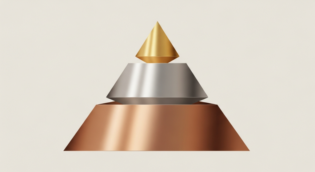 A geometric sculpture with three stacked metallic shapes: a bronze base, a silver middle, and a gold cone on top, set against a plain background.